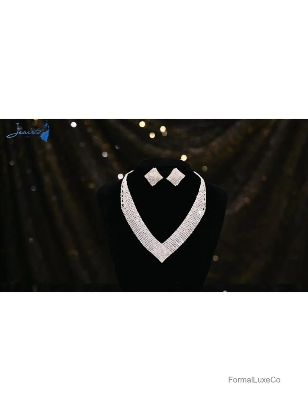 Rhinestone V-Shaped Collar Necklace and Earrings Set with Rings